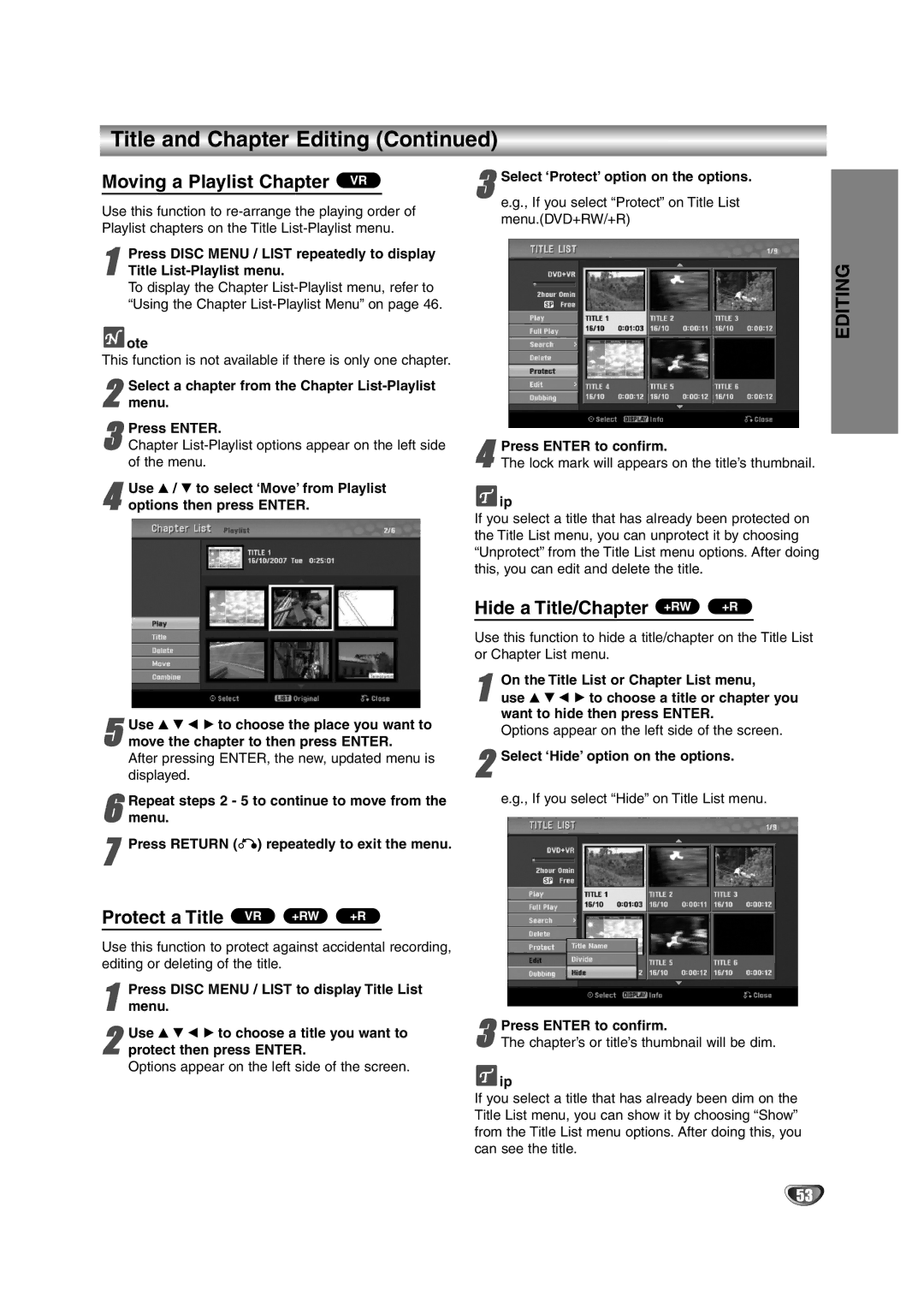 NEC NDRV-62 owner manual Moving a Playlist Chapter VR, Select a chapter from the Chapter List-Playlist menu 