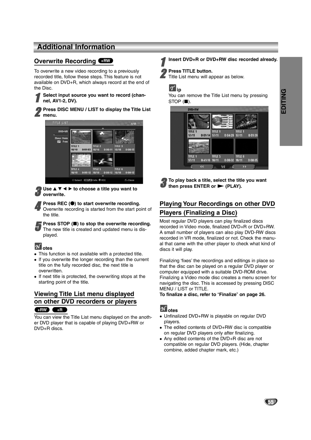 NEC NDRV-62 owner manual Additional Information, Overwrite Recording +RW 