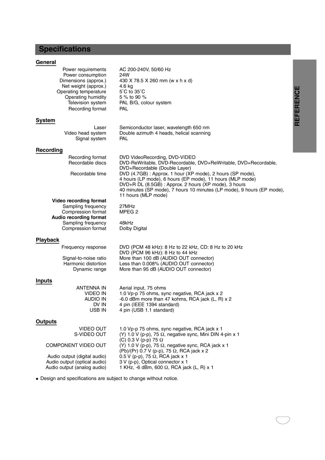 NEC NDRV-62 owner manual Specifications 