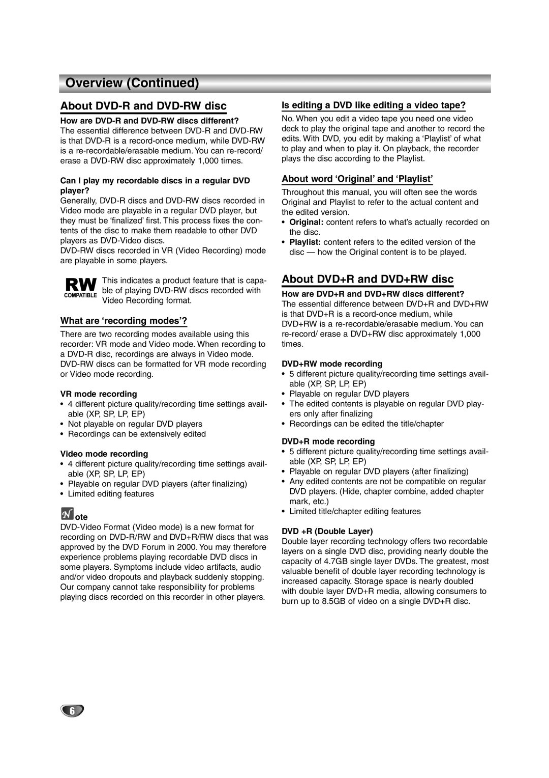 NEC NDRV-62 owner manual About DVD-R and DVD-RW disc, About DVD+R and DVD+RW disc, What are ‘recording modes’? 