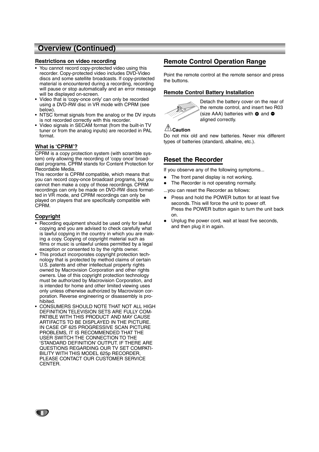 NEC NDRV-62 owner manual Remote Control Operation Range, Reset the Recorder 