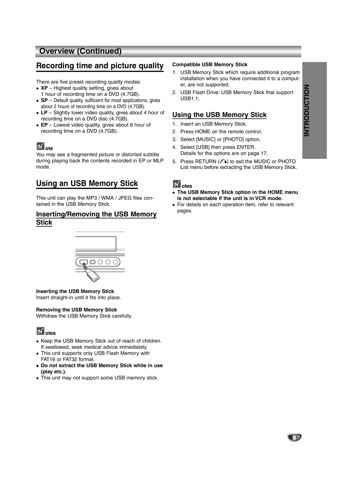 NEC NDRV-62 owner manual Overview Recording time and picture quality, Using an USB Memory Stick, Using the USB Memory Stick 