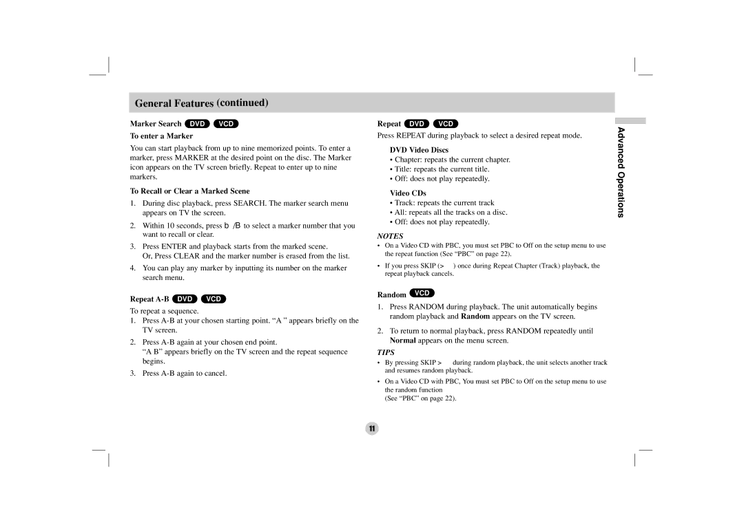 NEC NDV-27 Marker Search DVD VCD To enter a Marker, To Recall or Clear a Marked Scene, Repeat A-B DVD VCD, Repeat DVD VCD 