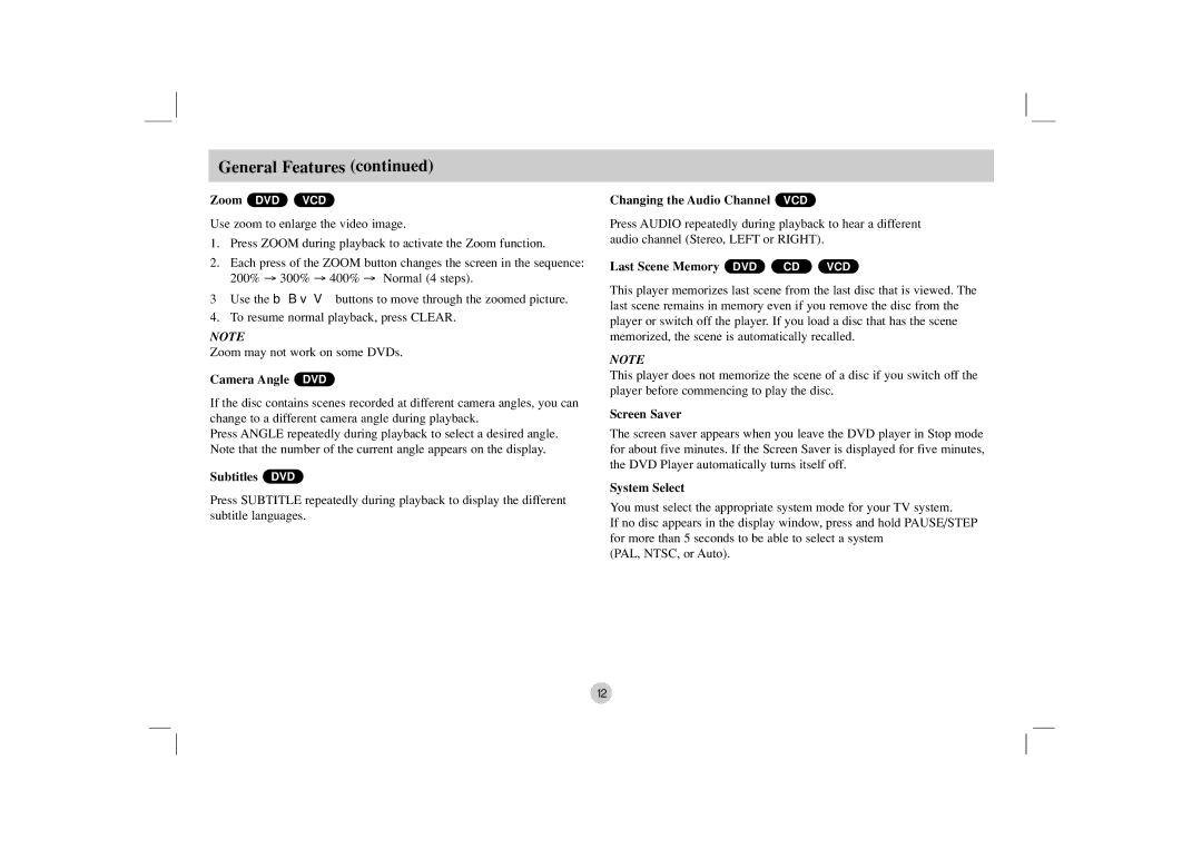 NEC NDV-27 owner manual Camera Angle DVD, Subtitles DVD, Changing the Audio Channel VCD, Screen Saver, System Select 