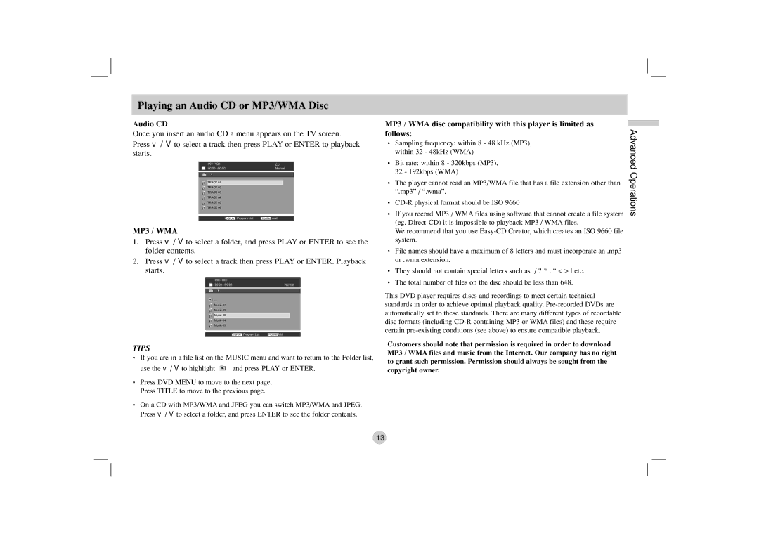 NEC NDV-27 owner manual Playing an Audio CD or MP3/WMA Disc 