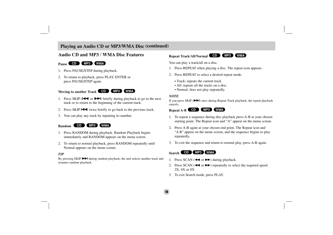 NEC NDV-27 owner manual Moving to another Track CD MP3 WMA, Repeat Track/All/Normal CD MP3 WMA, Repeat A-B CD MP3 WMA 