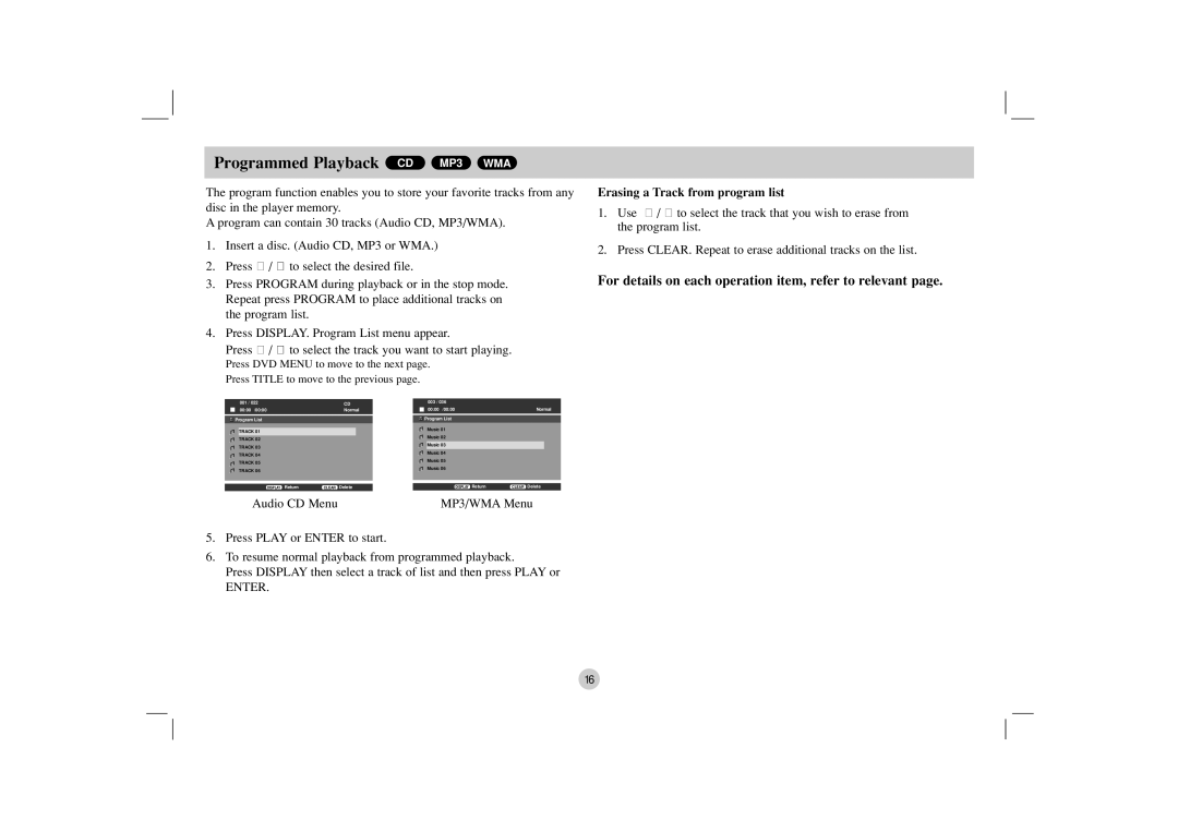 NEC NDV-27 owner manual Programmed Playback CD MP3 WMA, Erasing a Track from program list 