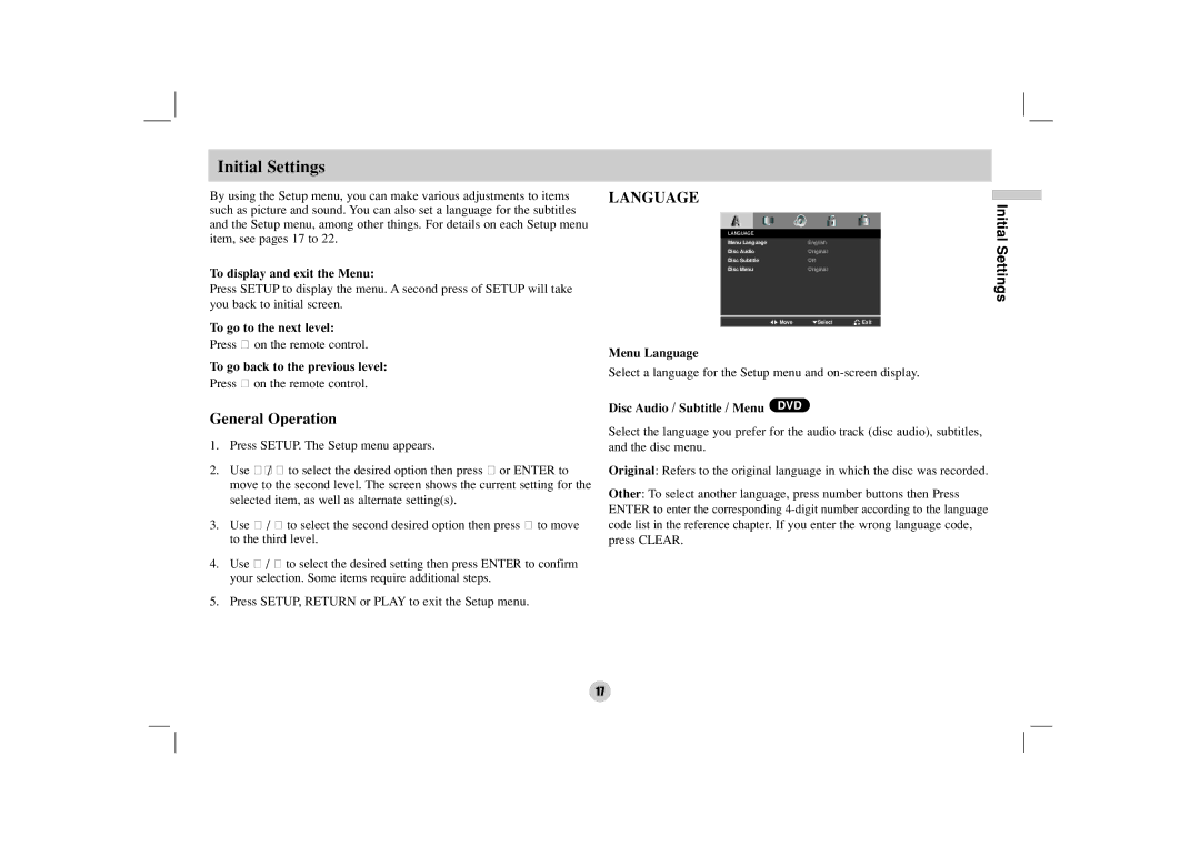 NEC NDV-27 owner manual Initial Settings, General Operation 