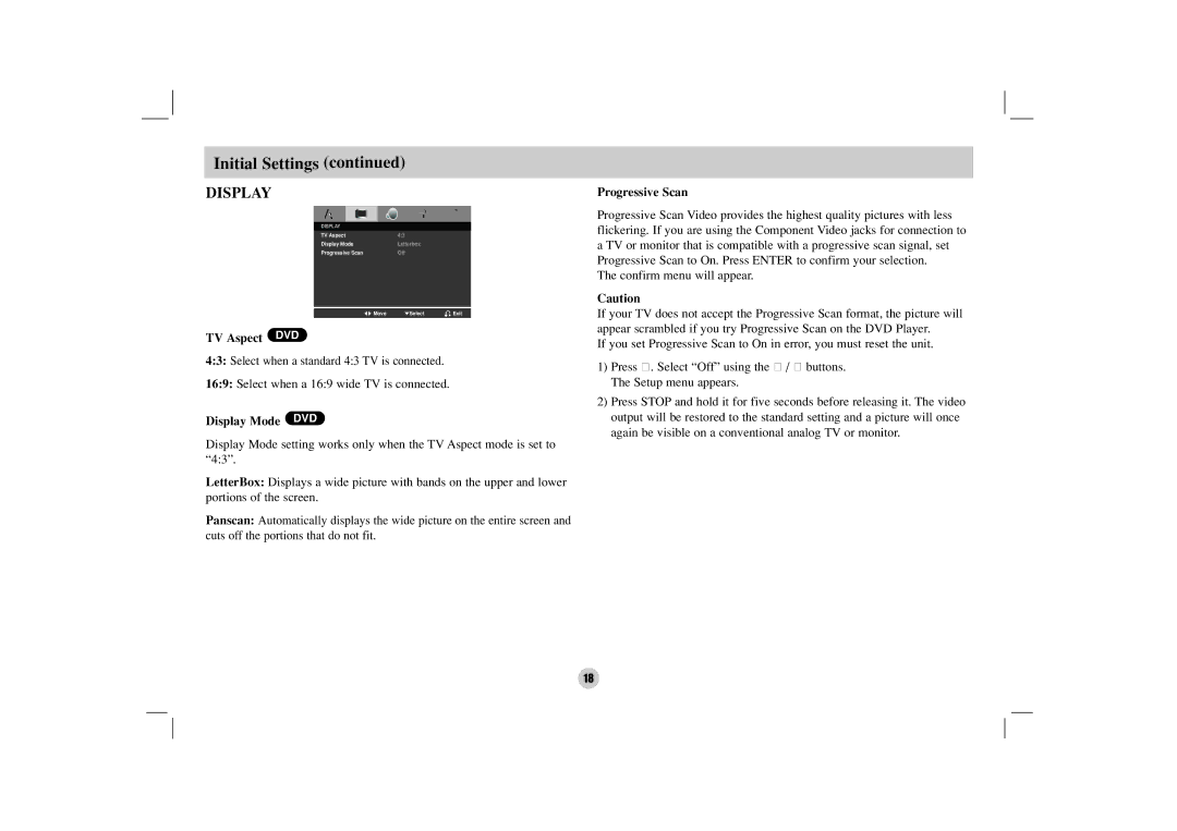 NEC NDV-27 owner manual TV Aspect DVD, Display Mode DVD, Progressive Scan 