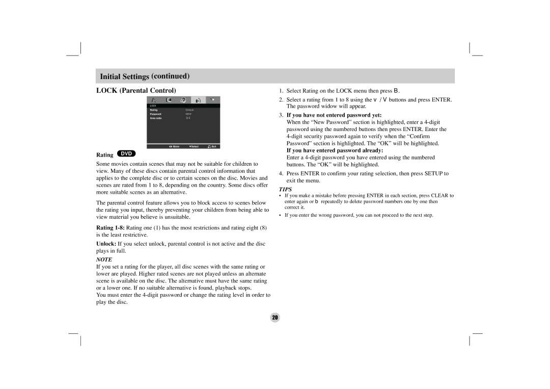 NEC NDV-27 Lock Parental Control, Rating DVD, If you have not entered password yet, If you have entered password already 