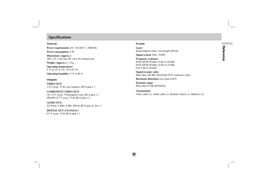 NEC NDV-27 owner manual Specifications, General, Outputs, System, Accessories 