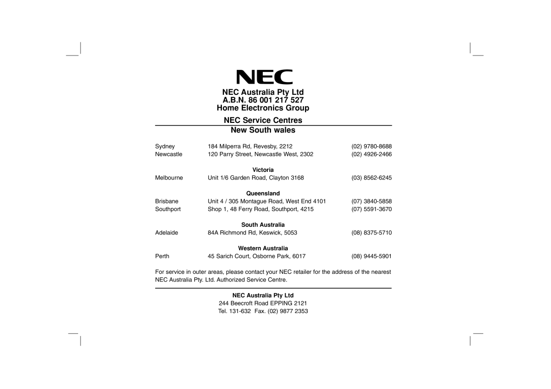 NEC NDV-27 owner manual Victoria 