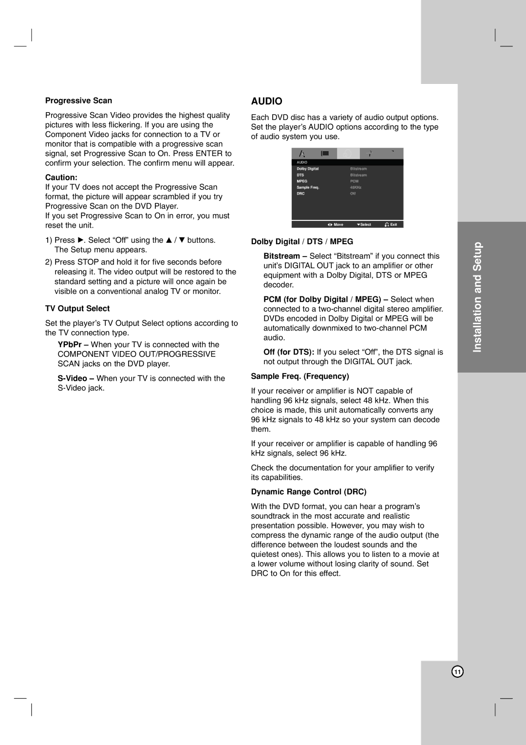 NEC NDV-28 owner manual TV Output Select, Dolby Digital / DTS / Mpeg, Sample Freq. Frequency, Dynamic Range Control DRC 