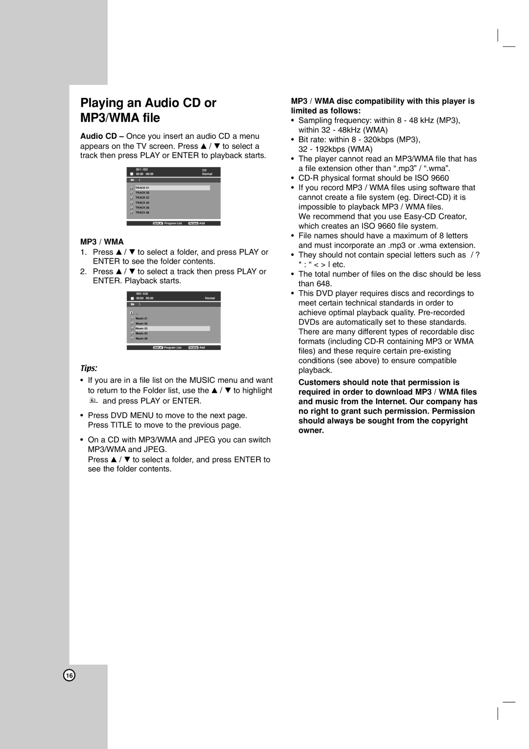 NEC NDV-28 owner manual Playing an Audio CD or MP3/WMA file, MP3 / WMA 