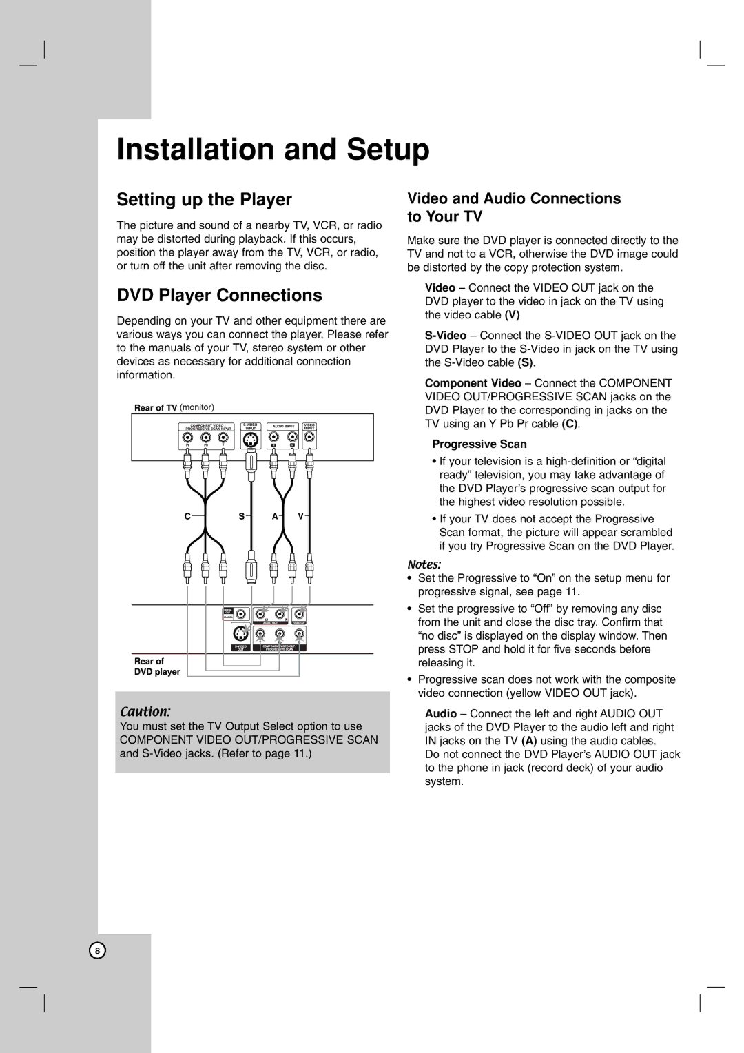 NEC NDV-28 owner manual Installation and Setup, Setting up the Player, DVD Player Connections, Progressive Scan 