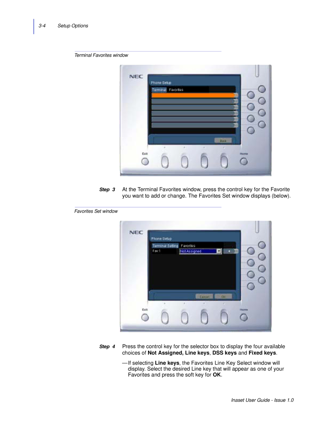 NEC NEAX 2000 IPS manual Setup Options Terminal Favorites window 