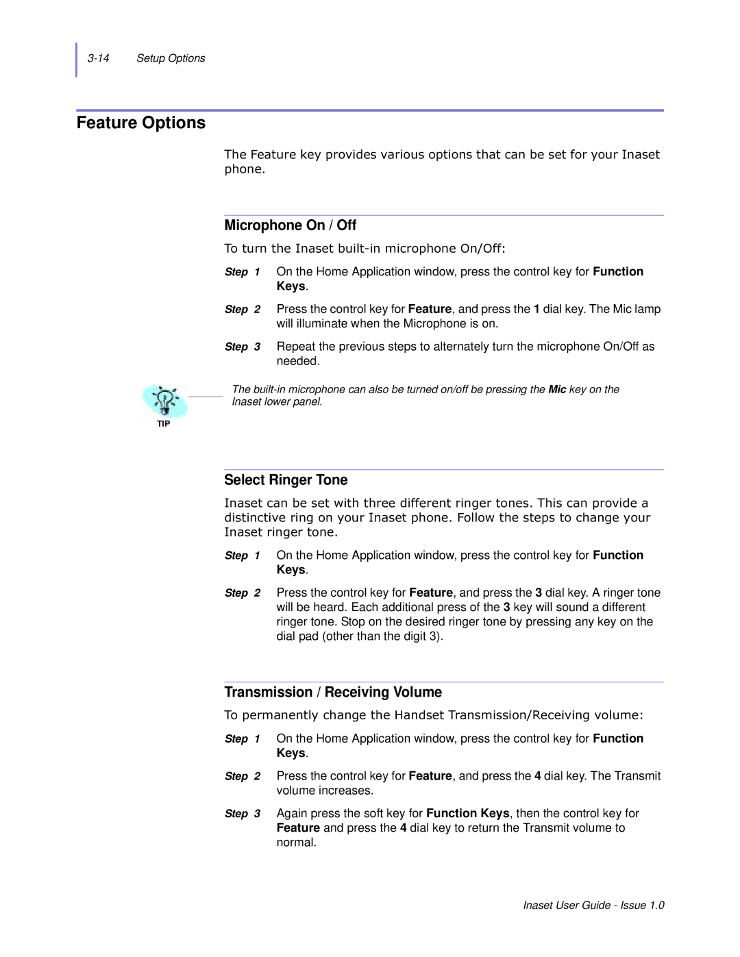 NEC NEAX 2000 IPS manual Feature Options, Microphone On / Off, Select Ringer Tone, Transmission / Receiving Volume 