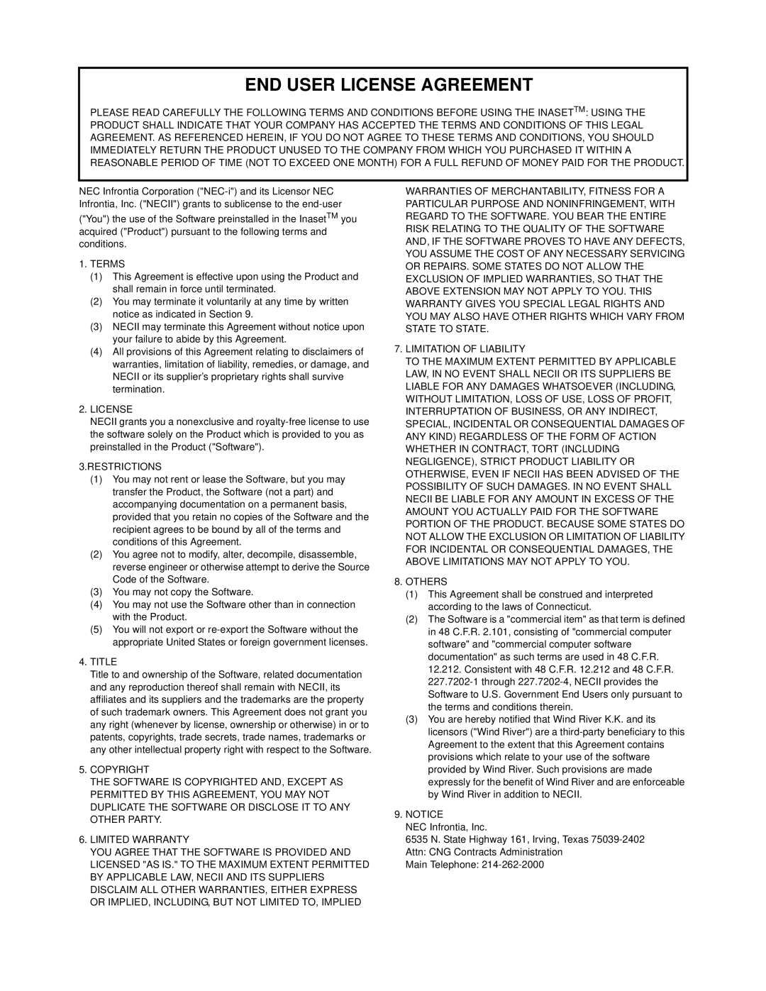 NEC NEAX 2000 IPS manual END User License Agreement 