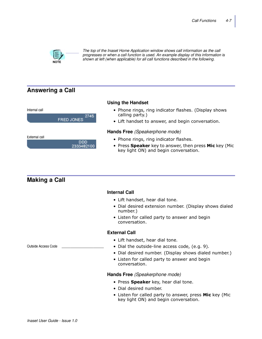 NEC NEAX 2000 IPS manual Answering a Call, Making a Call, Using the Handset, Internal Call, External Call 