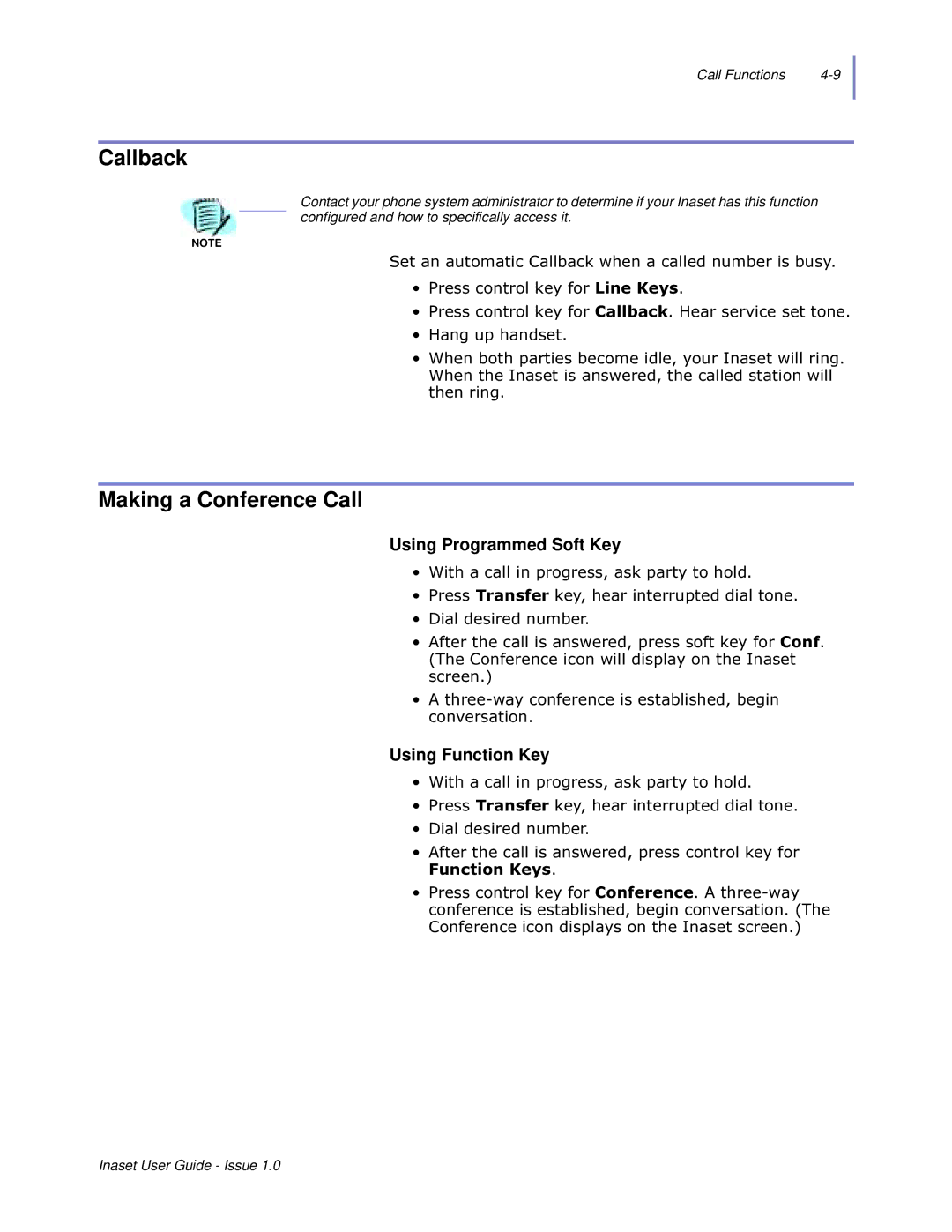 NEC NEAX 2000 IPS manual Callback, Making a Conference Call, Using Programmed Soft Key, Using Function Key 