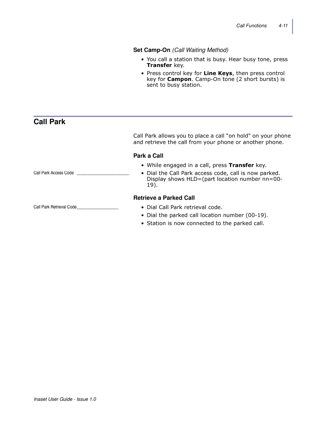 NEC NEAX 2000 IPS manual Call Park, Park a Call, Retrieve a Parked Call 