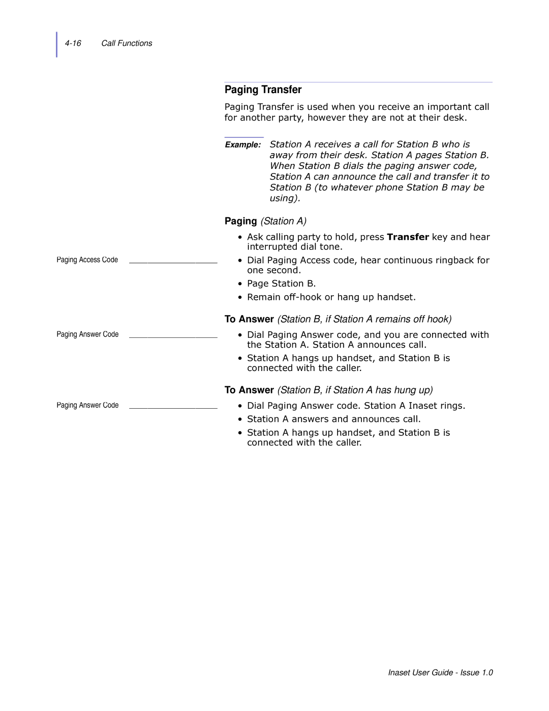 NEC NEAX 2000 IPS manual Paging Transfer, Example 6WDWLRQ$UHFHLYHVDFDOOIRU6WDWLRQ%ZKRLV 