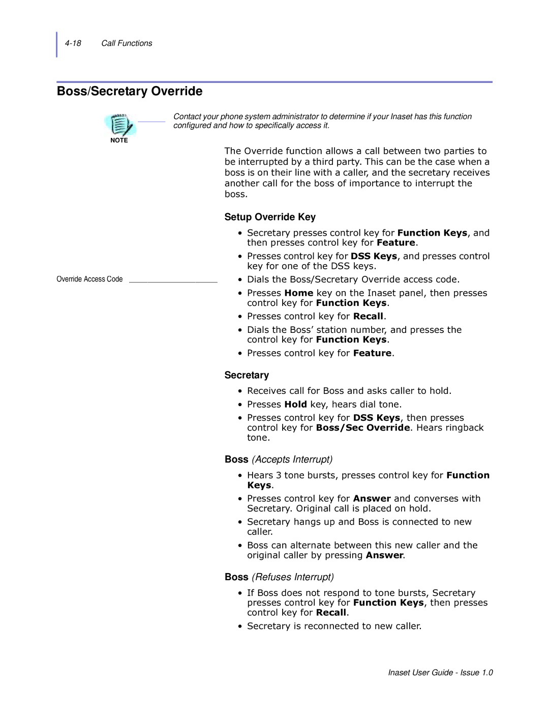 NEC NEAX 2000 IPS manual Boss/Secretary Override, Setup Override Key 