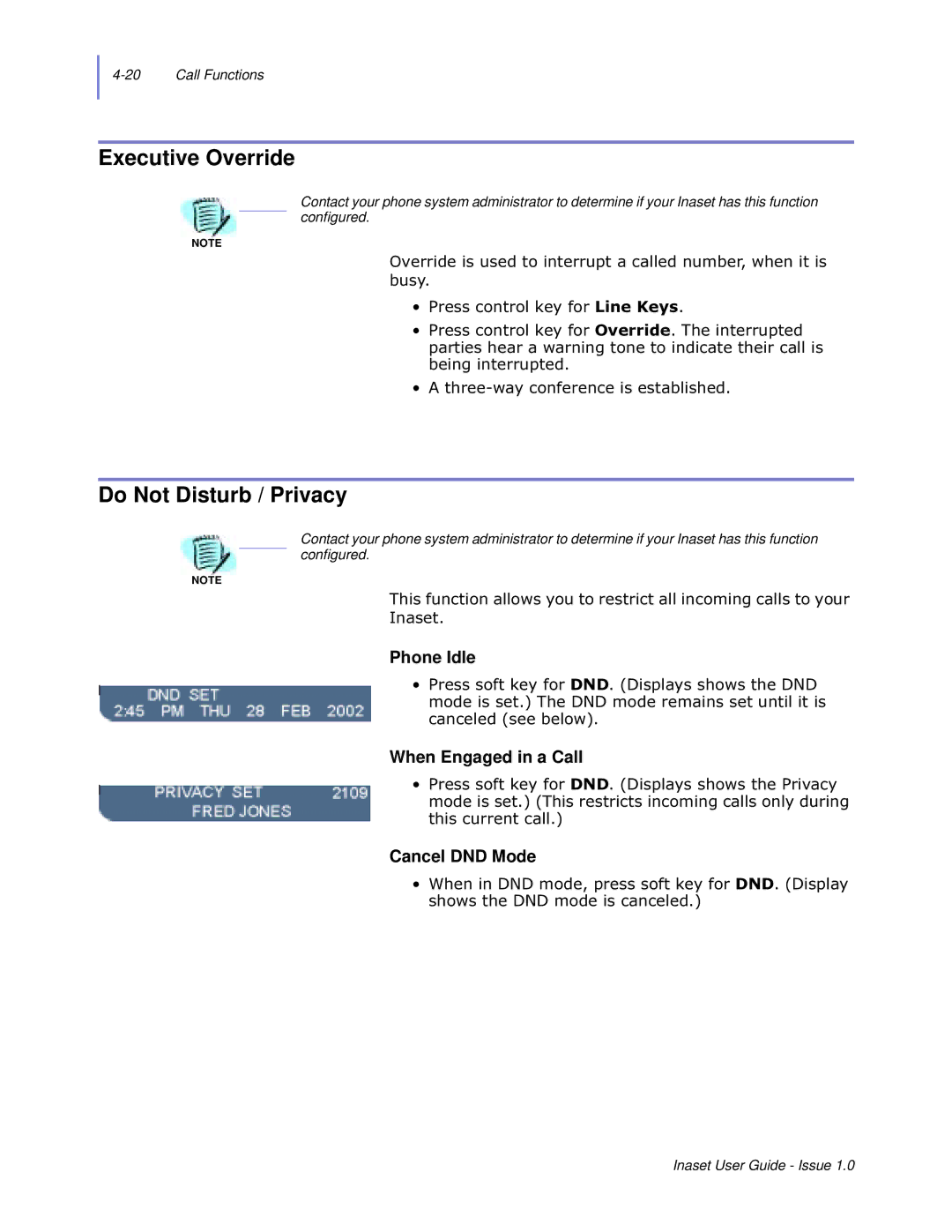 NEC NEAX 2000 IPS manual Executive Override, Do Not Disturb / Privacy, Phone Idle, When Engaged in a Call, Cancel DND Mode 