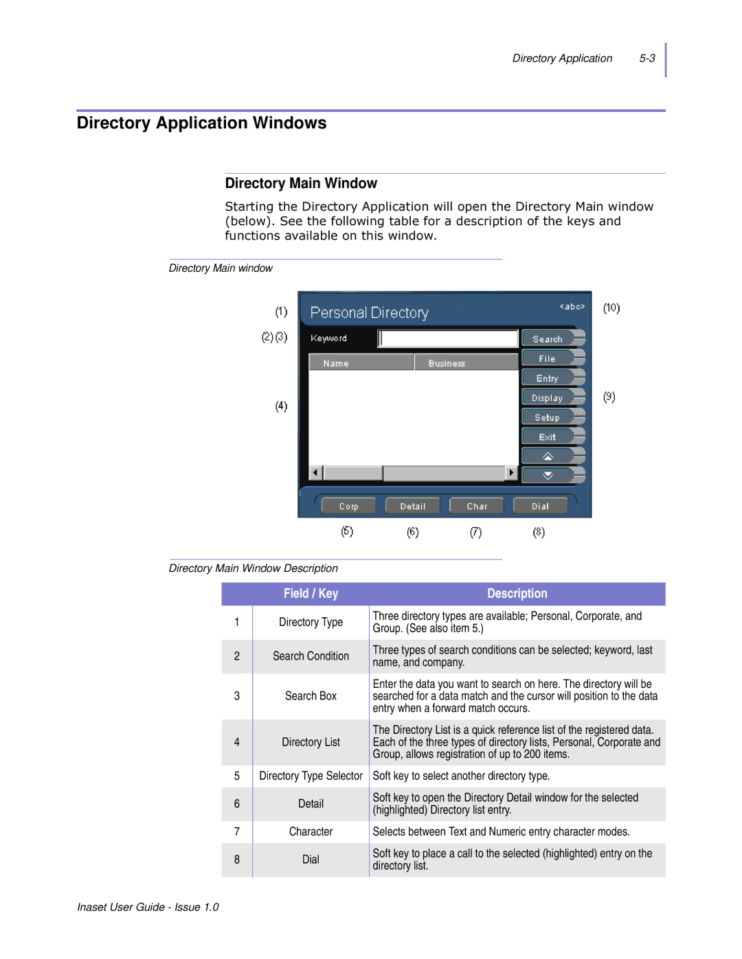 NEC NEAX 2000 IPS manual Directory Application Windows, Directory Main Window, Ixqfwlrqvdydlodeohrqwklvzlqgrz 