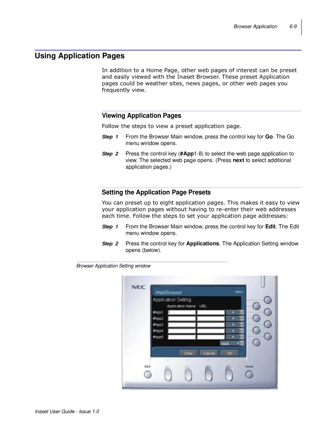 NEC NEAX 2000 IPS manual Using Application Pages, Viewing Application Pages, Setting the Application Page Presets 