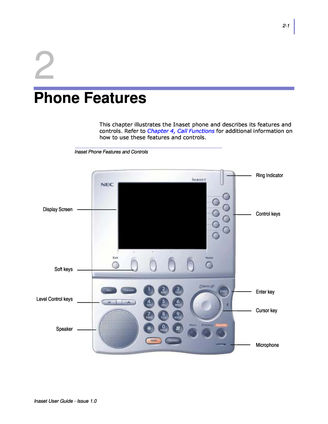 NEC NEAX 2000 IPS manual Phone Features, Krzwrxvhwkhvhihdwxuhvdqgfrqwurov, Level Control keys Cursor key Speaker Microphone 