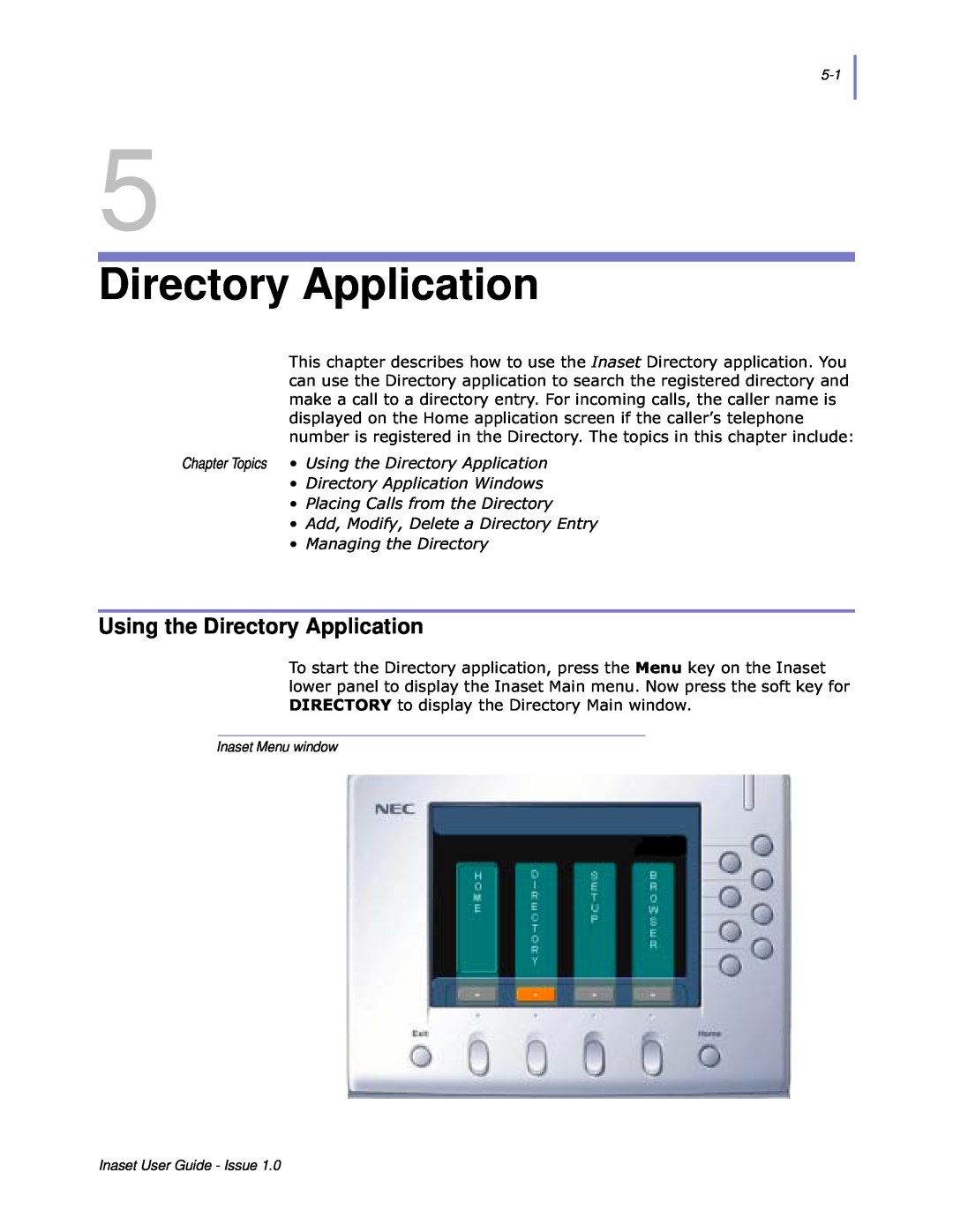 NEC NEAX 2000 IPS Using the Directory Application, Chapter Topics ‡ 8VLQJWKHLUHFWRU\$SSOLFDWLRQ, Inaset Menu window 