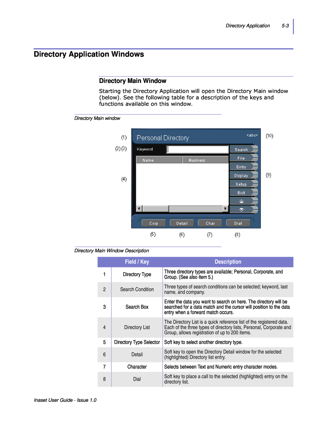 NEC NEAX 2000 IPS manual Directory Application Windows, Directory Main Window, Field / Key, Description 