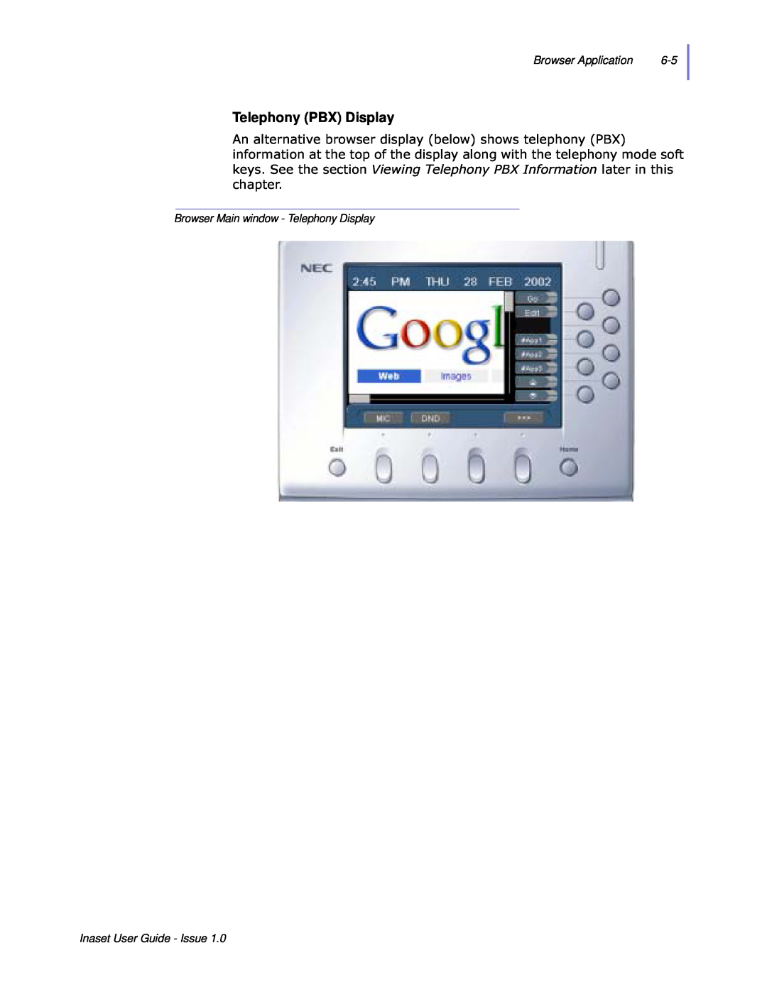 NEC NEAX 2000 IPS manual Telephony PBX Display, Fkdswhu, Browser Application, Browser Main window - Telephony Display 
