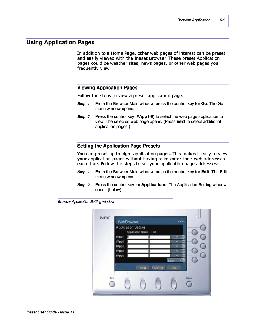 NEC NEAX 2000 IPS manual Using Application Pages, Viewing Application Pages, Setting the Application Page Presets 