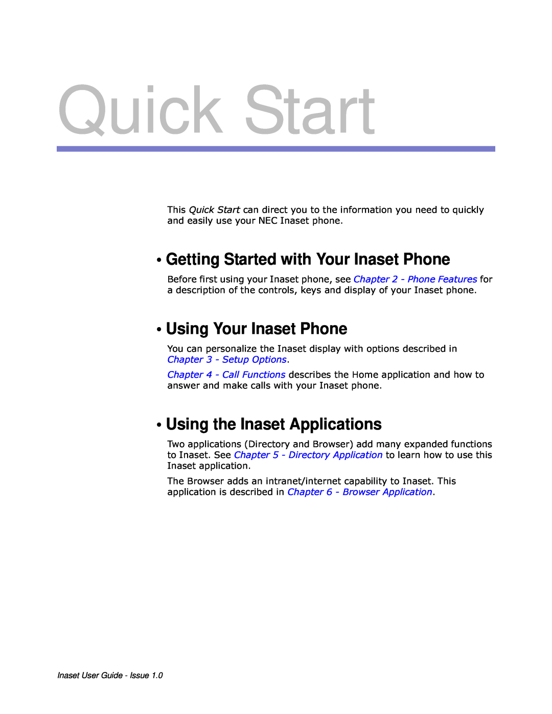 NEC NEAX 2000 IPS manual Qdvhwdssolfdwlrq, Quick Start, Getting Started with Your Inaset Phone, Using Your Inaset Phone 