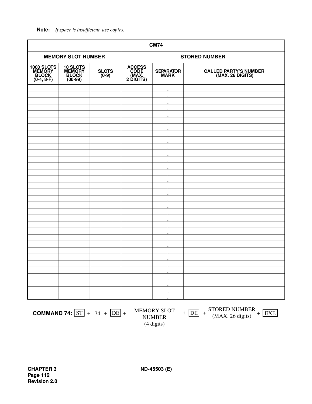 NEC NEAX 2000 IVS manual Memory Slot Stored Number EXE, Memory Slot Number Stored Number 