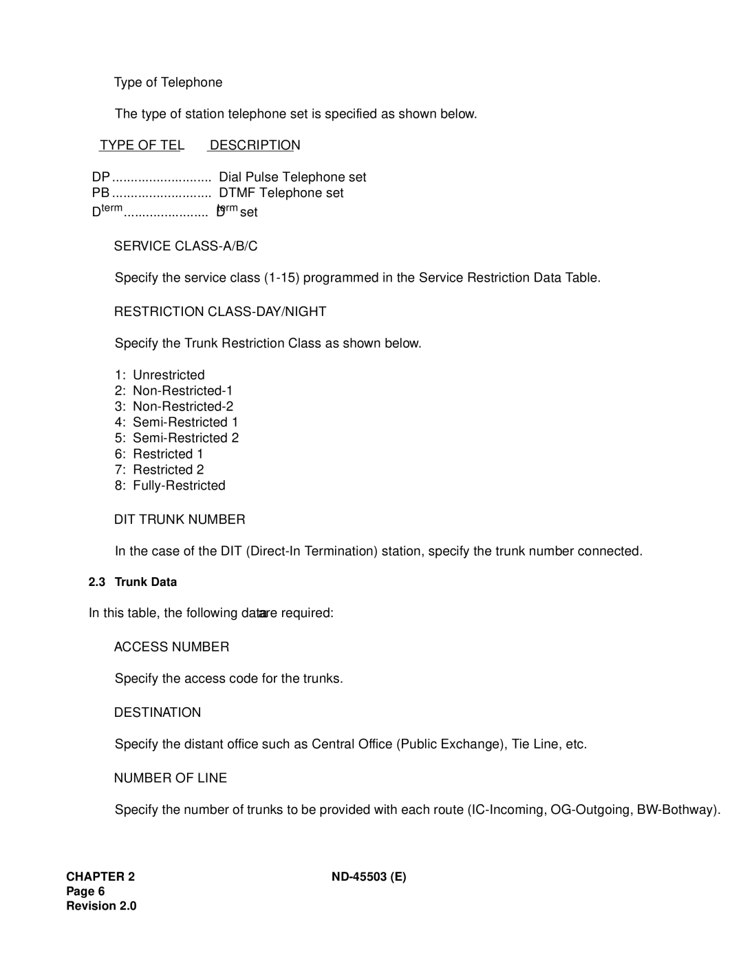 NEC NEAX 2000 IVS Type of TEL Description, Service CLASS-A/B/C, Restriction CLASS-DAY/NIGHT, DIT Trunk Number, Destination 