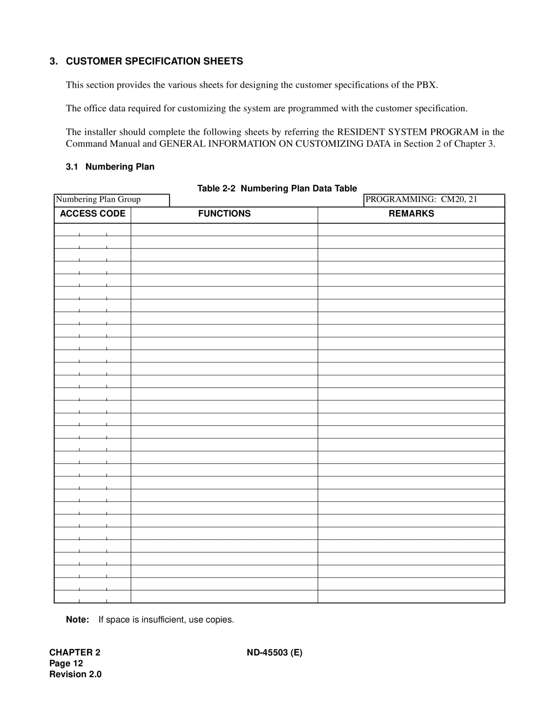 NEC NEAX 2000 IVS manual Customer Specification Sheets, Access Code Functions Remarks Chapter 