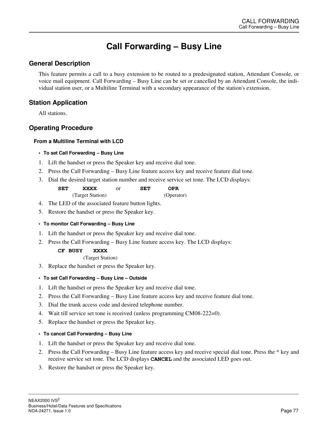 NEC NEAX 2000 specifications Call Forwarding Busy Line, CF Busy 