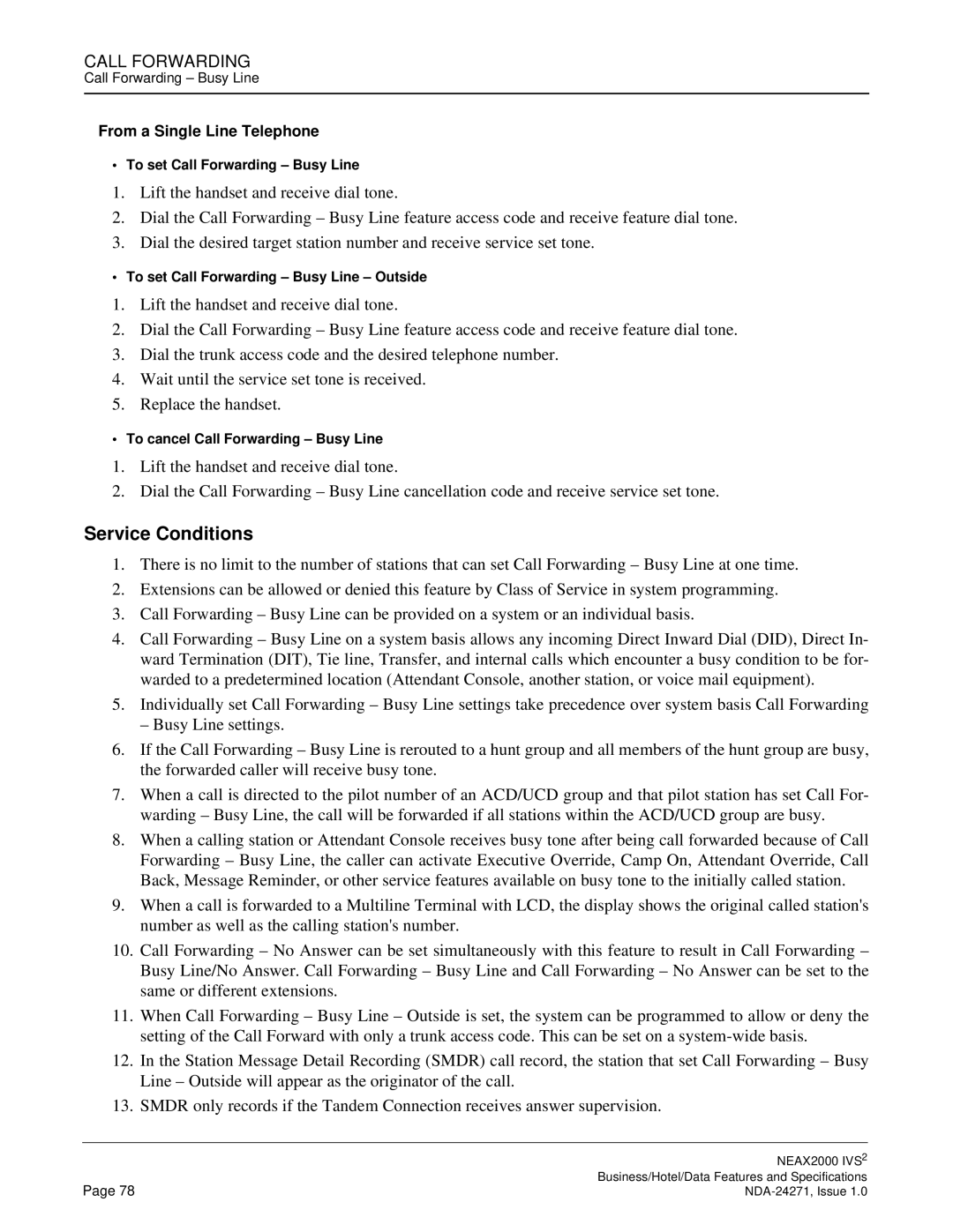 NEC NEAX 2000 specifications Service Conditions 