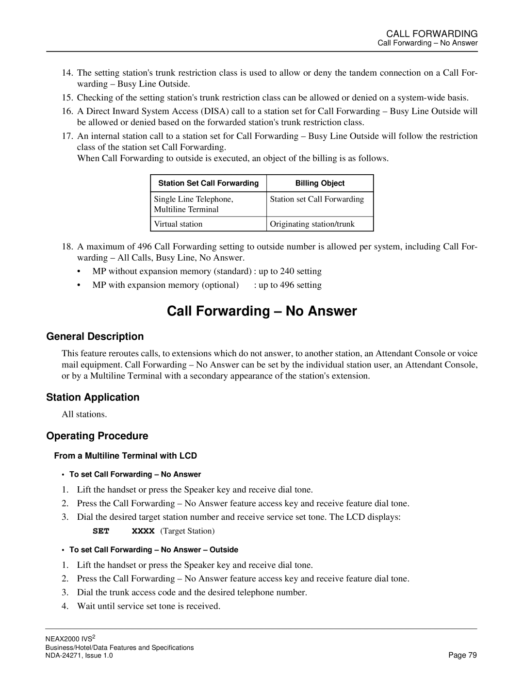 NEC NEAX 2000 specifications Call Forwarding No Answer, Set 