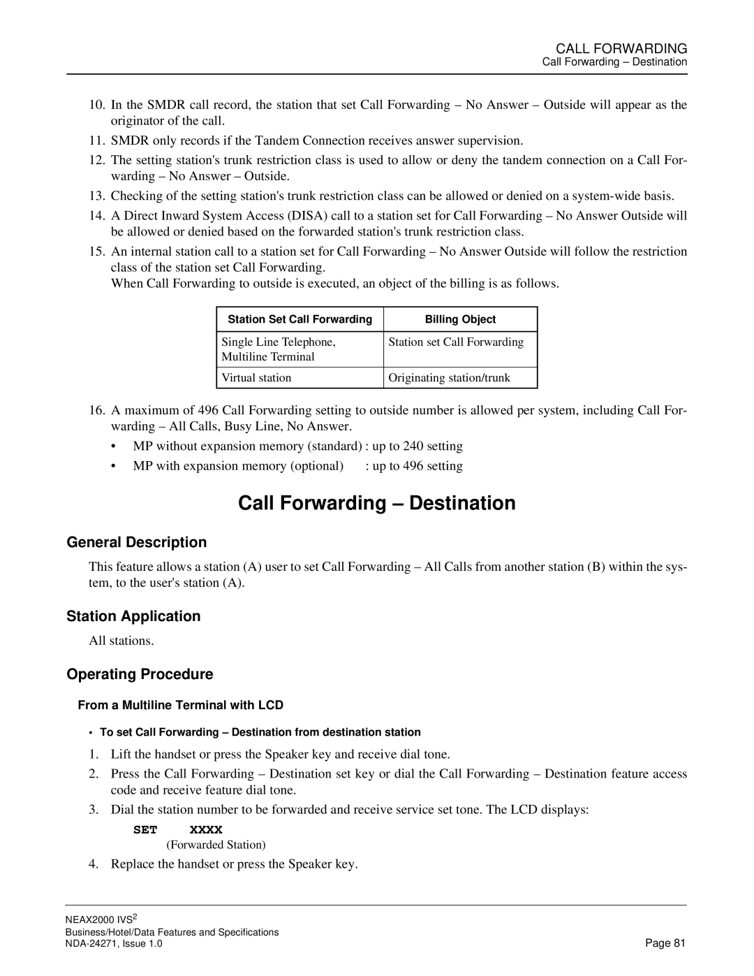 NEC NEAX 2000 specifications Call Forwarding Destination 