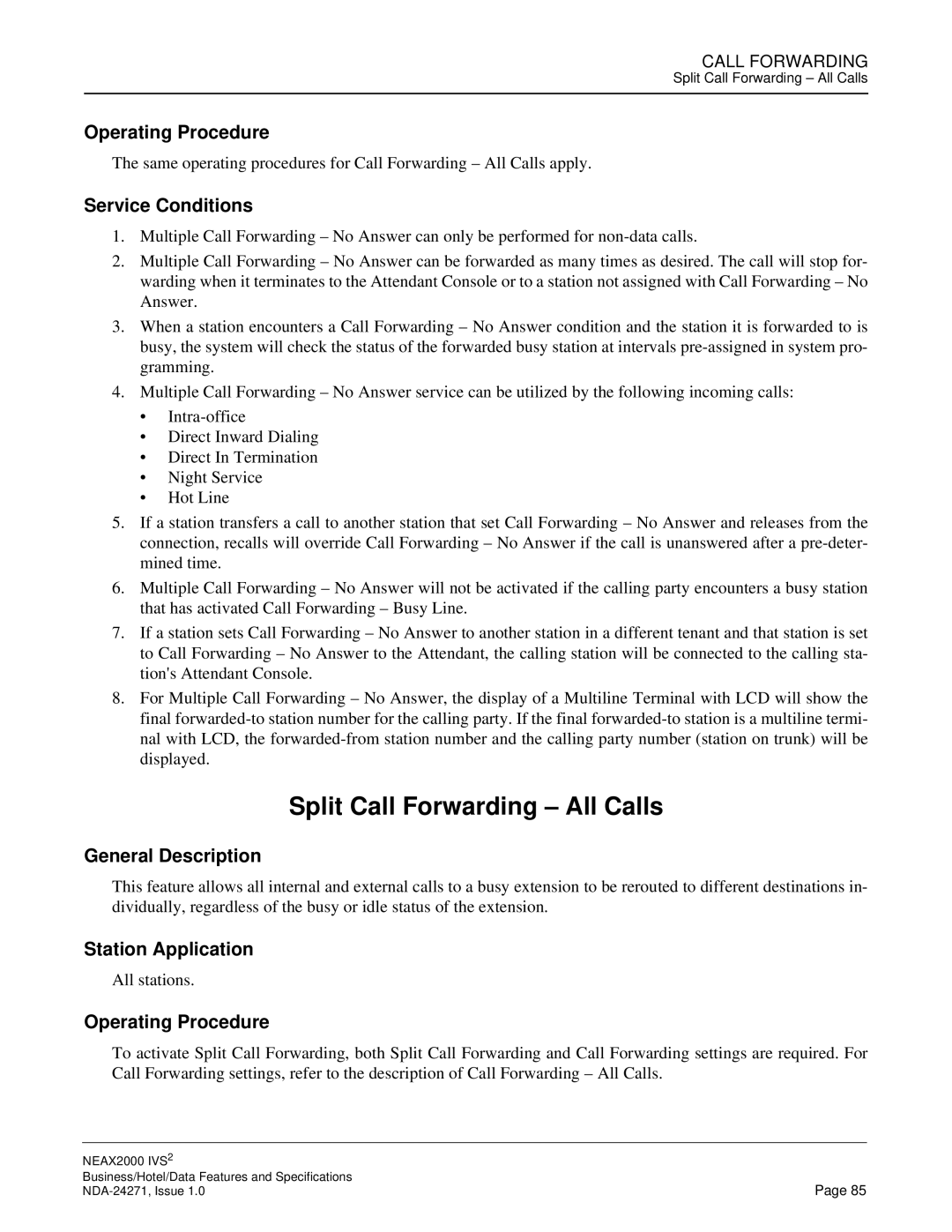 NEC NEAX 2000 specifications Split Call Forwarding All Calls 