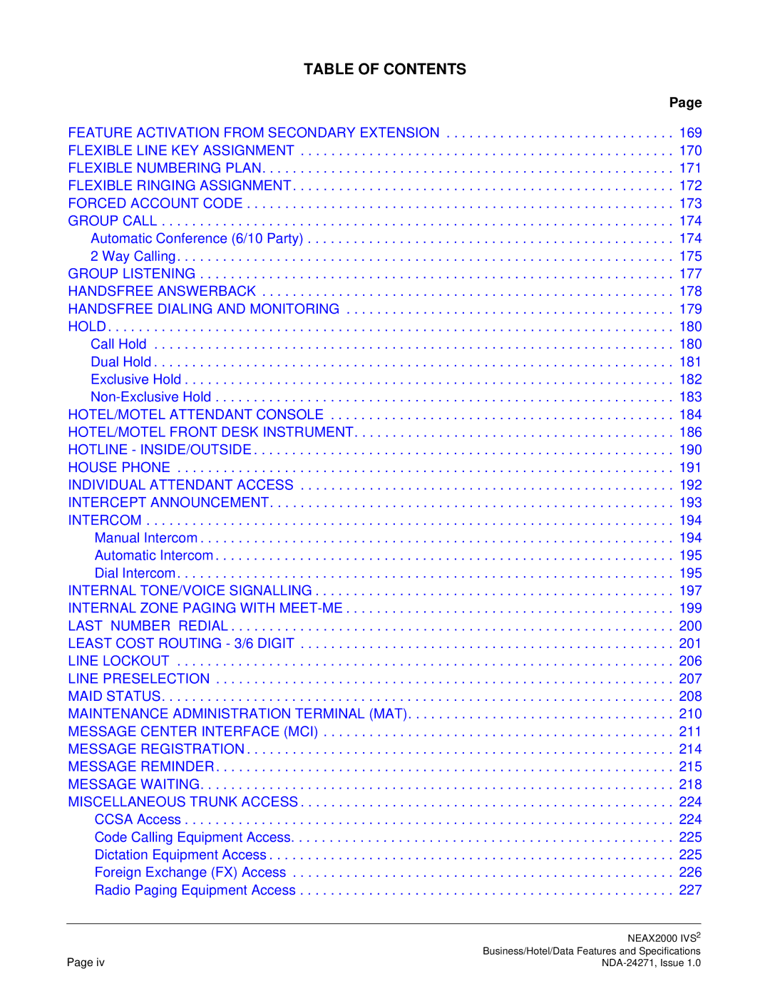 NEC NEAX 2000 specifications Table of Contents 