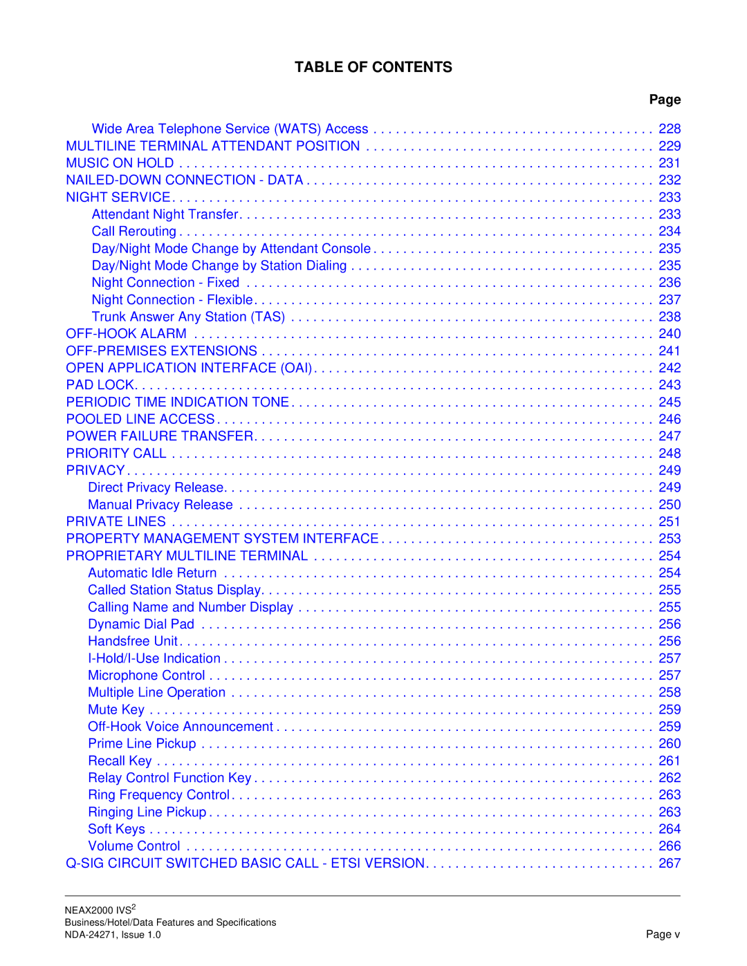 NEC NEAX 2000 specifications Table of Contents 