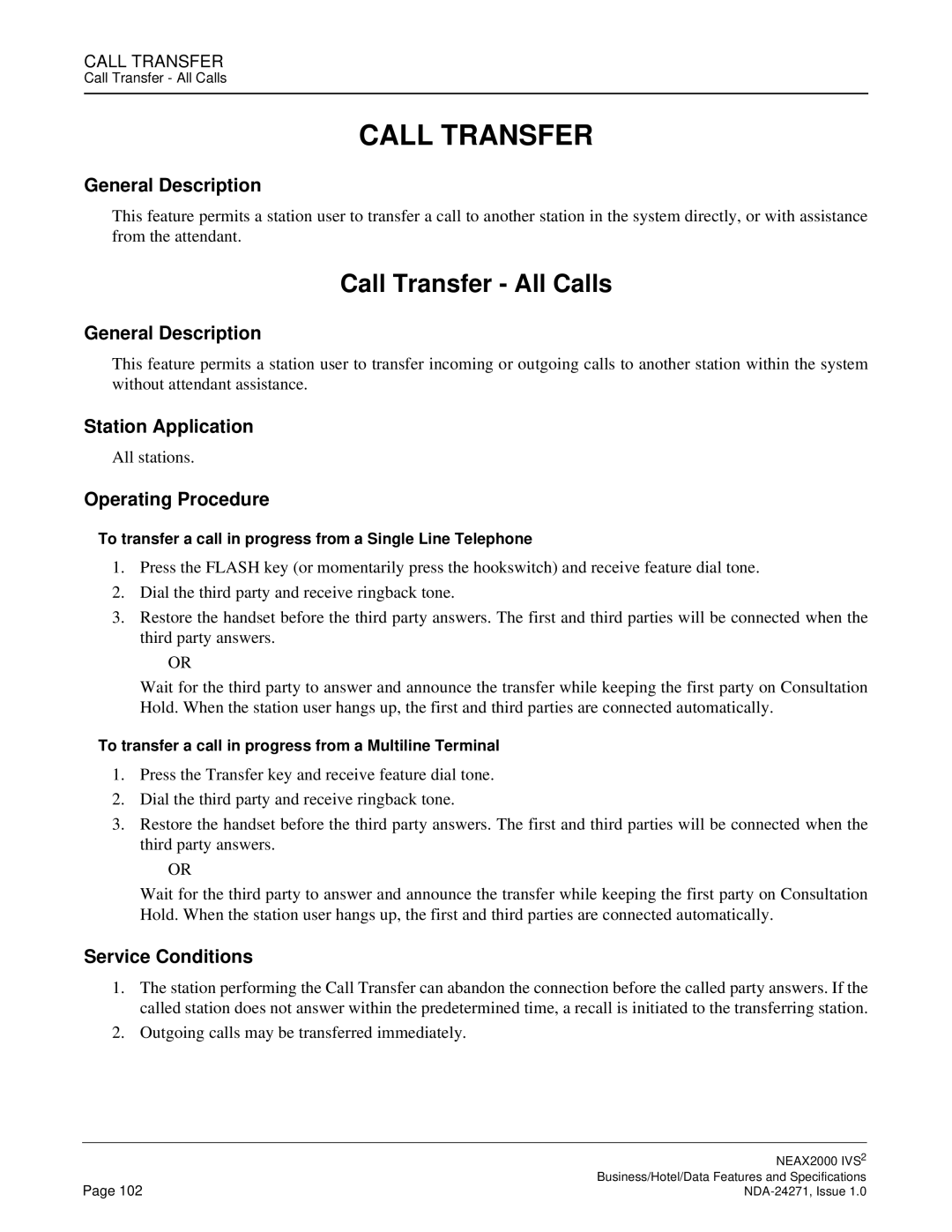 NEC NEAX 2000 specifications Call Transfer All Calls 