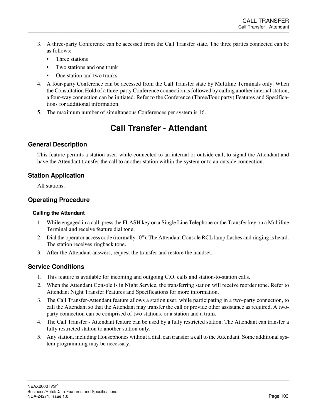 NEC NEAX 2000 specifications Call Transfer Attendant 