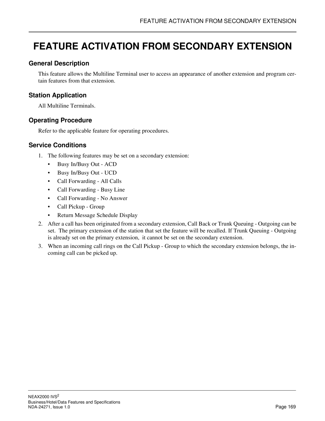 NEC NEAX 2000 specifications Feature Activation from Secondary Extension 