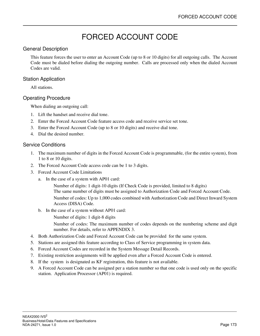 NEC NEAX 2000 specifications Forced Account Code 